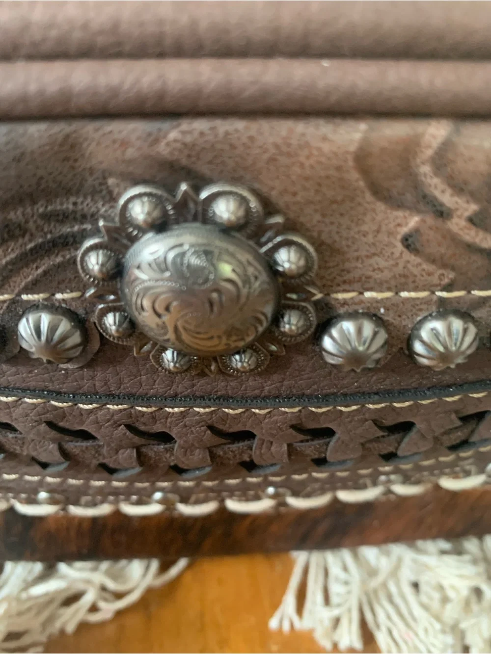 Trinity Brown Woven Studded Fringe Cosmetic Clutch